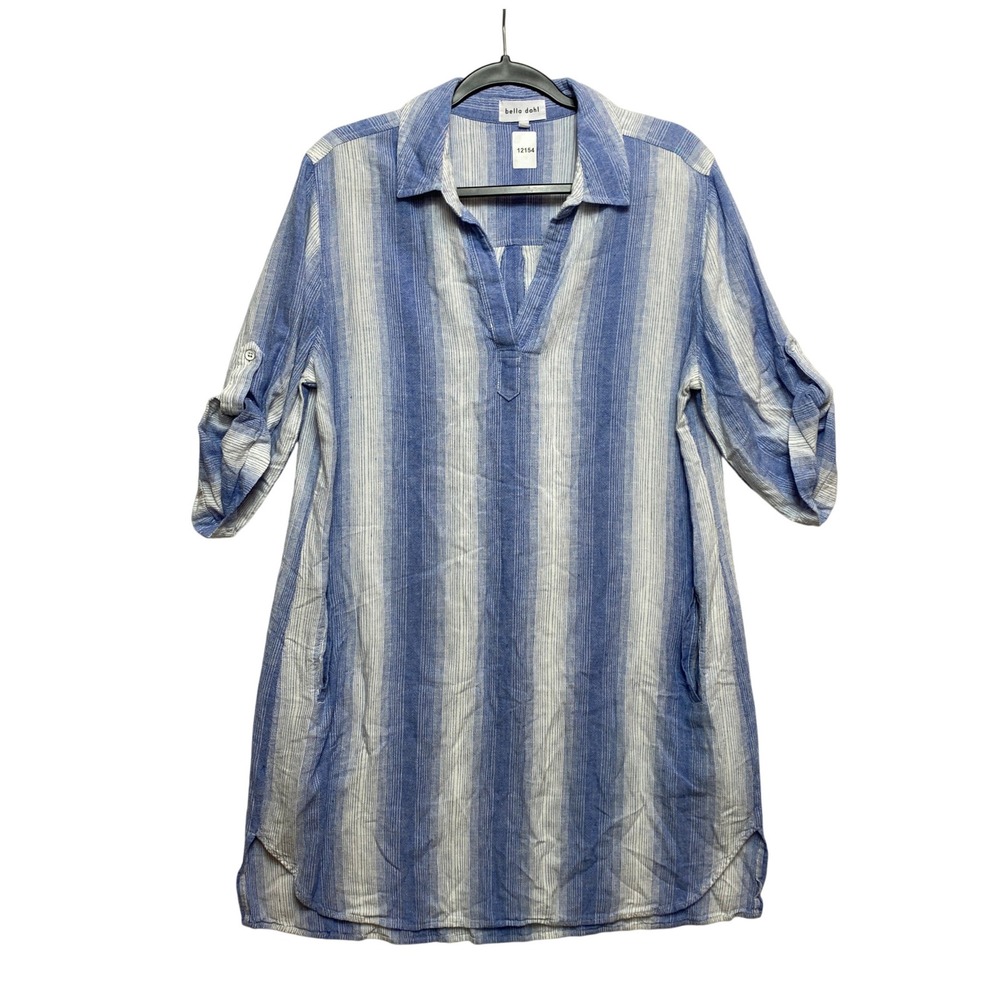 Bella Dahl Linen Tunic Dress Womens L Blue Striped B6582-C49-396 Roll Tab Pocket